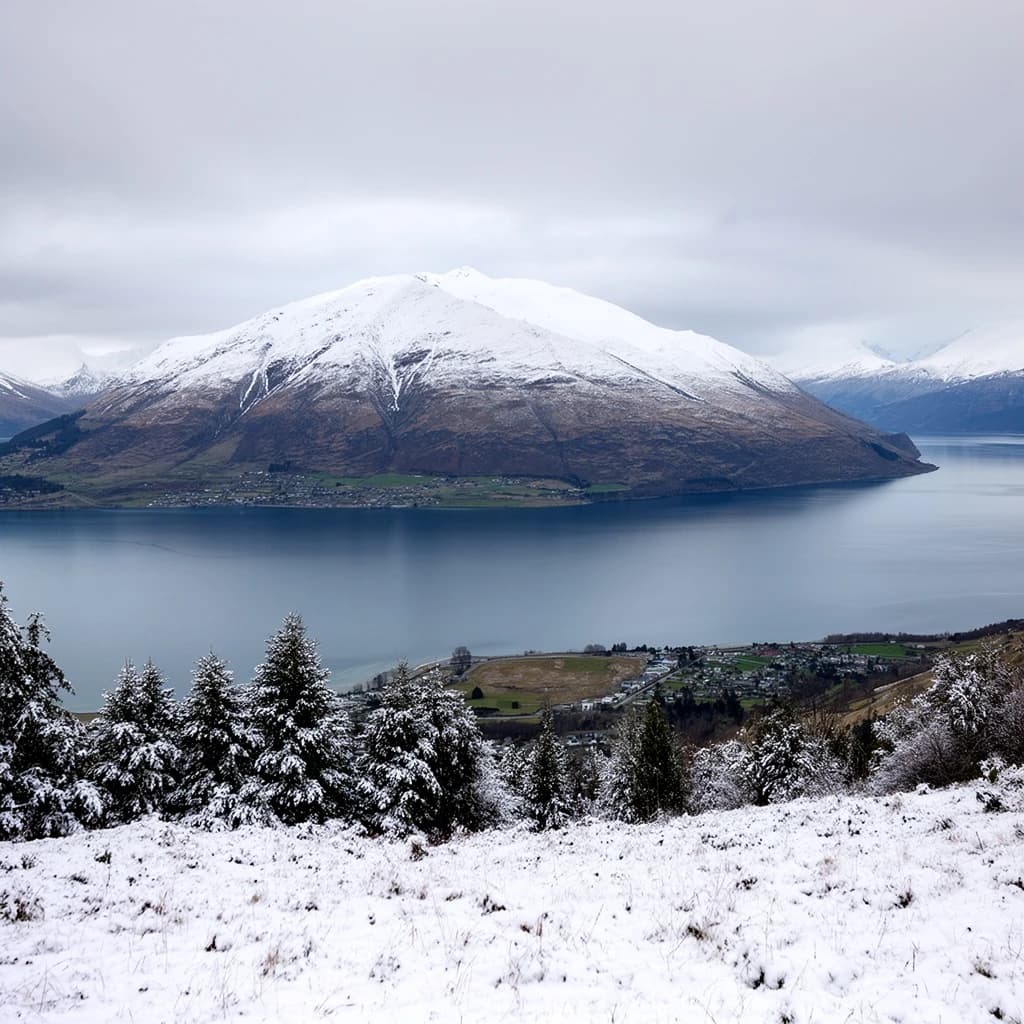 Queenstown's Lake Wakatipu, viewed from the top of Queenstown Hill after a snowstorm just dusted the top of Cecil's Peak