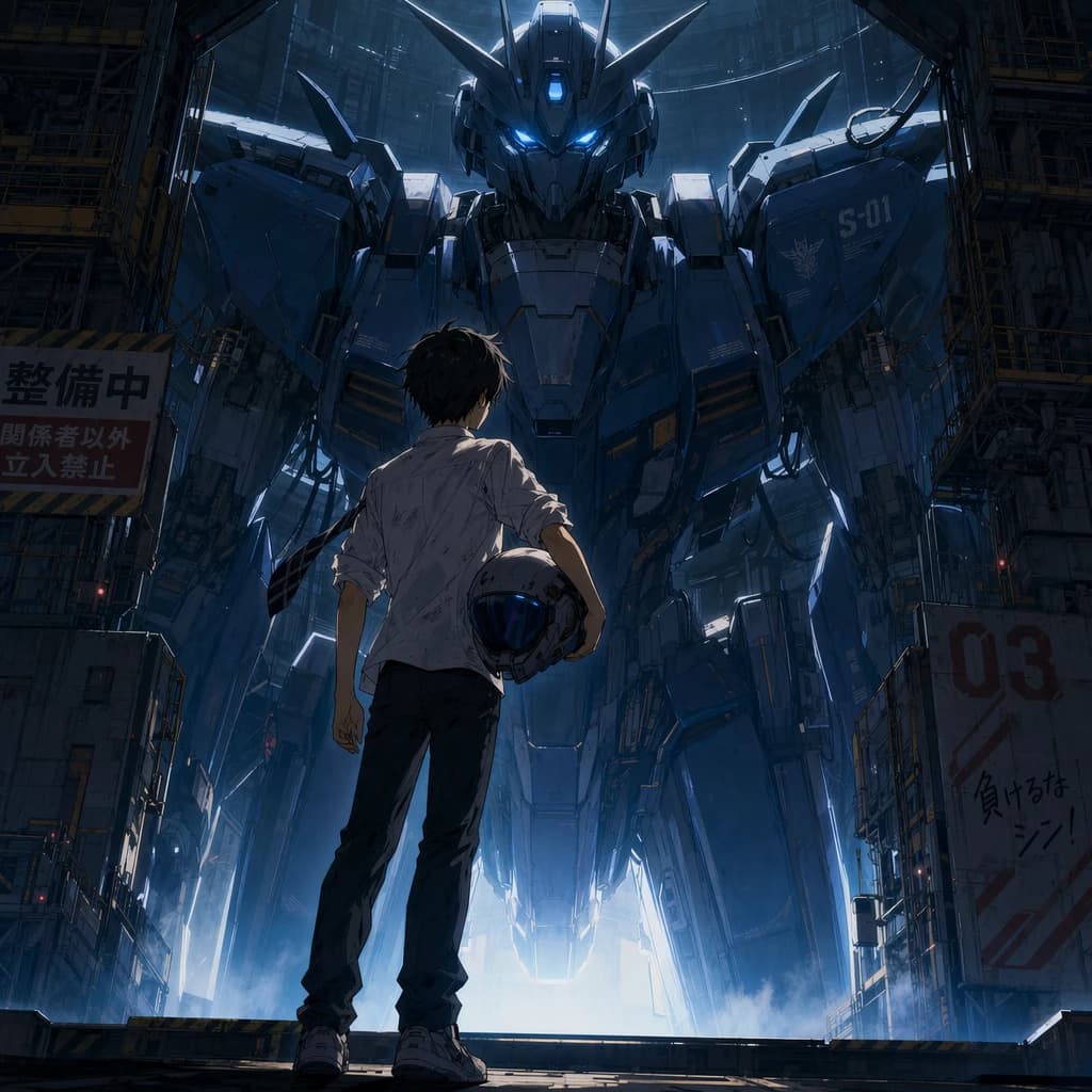 A teenage pilot grips his helmet under one arm, standing at the edge of a glowing hangar bay. Before him looms a sleek, steel-blue mech, its eyes lit with a cold electric glare. His school uniform is rumpled, a sharp contrast to the machine’s flawless plating. The vast scale engulfs him in shadow, emphasizing both awe and dread. Hand-drawn anime style.