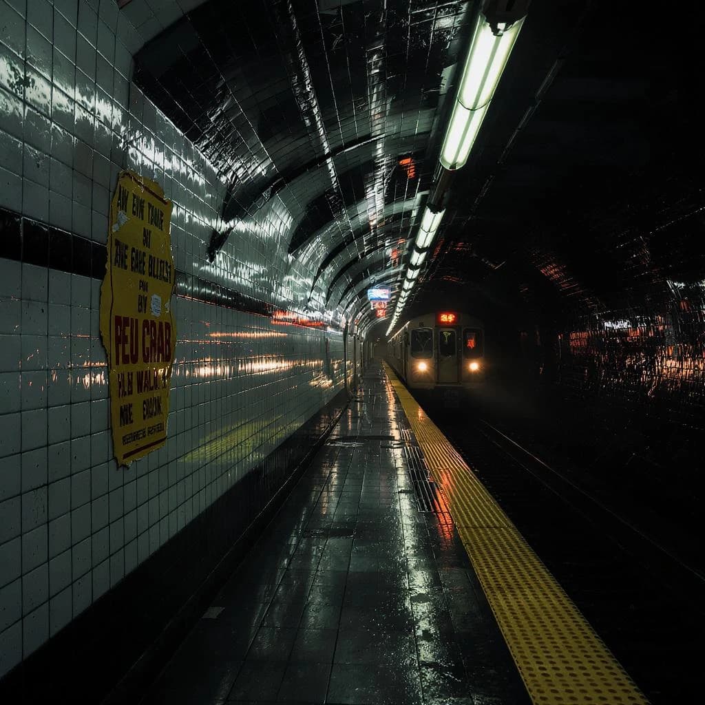 A subterranean subway platform with glossy tiles, peeling posters, flickering fluorescent lights, yellow safety line, and a distant train coming; slightly damp, echoes carry.