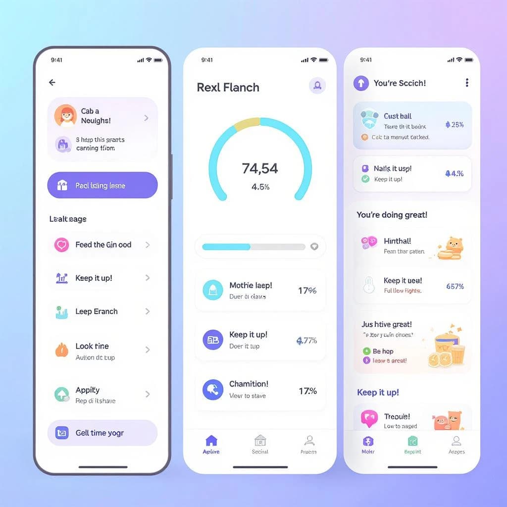 Playful mobile app dashboard, thick outlines, flat colors, friendly microcopy.