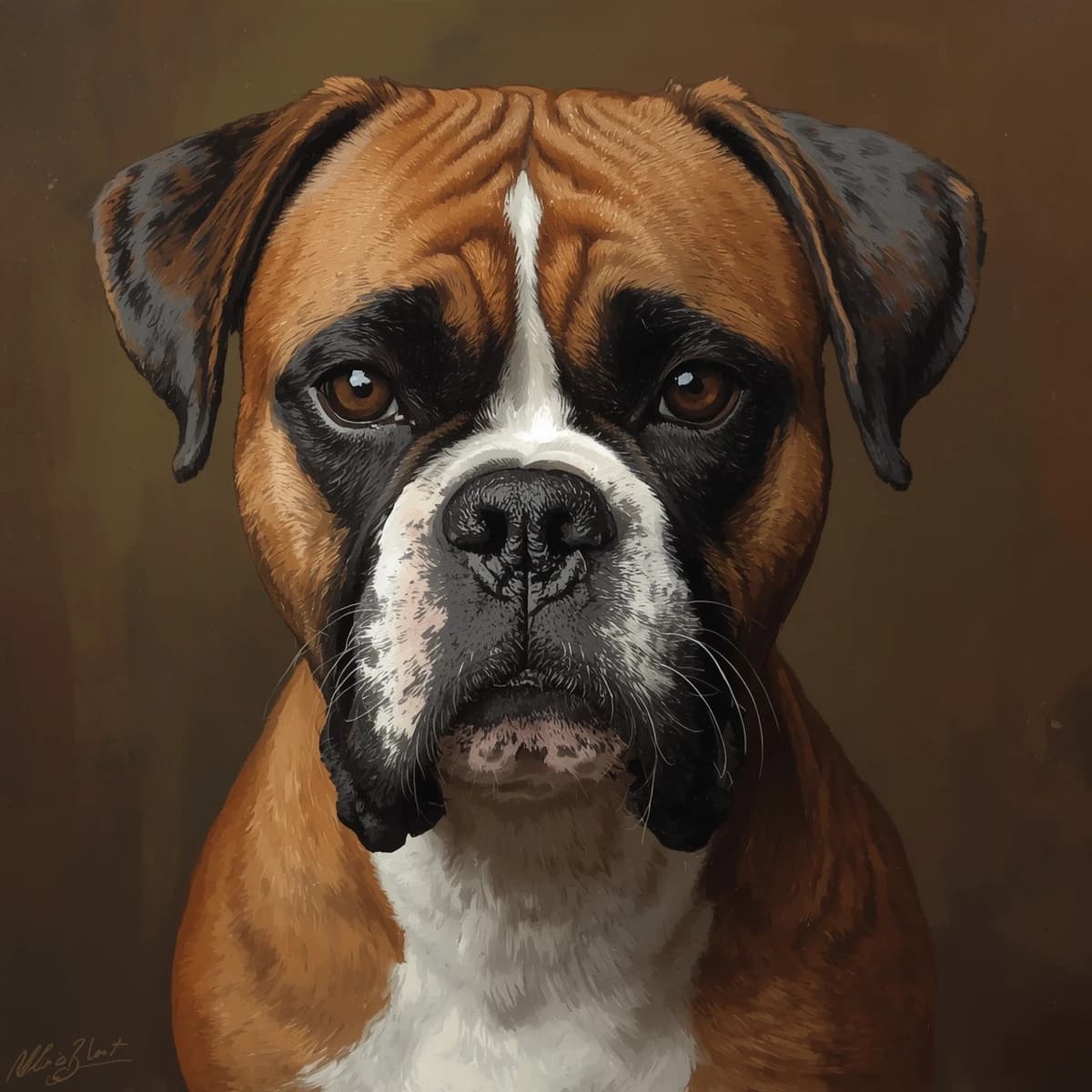 Paint a bruised boxer smiling, serious expression.