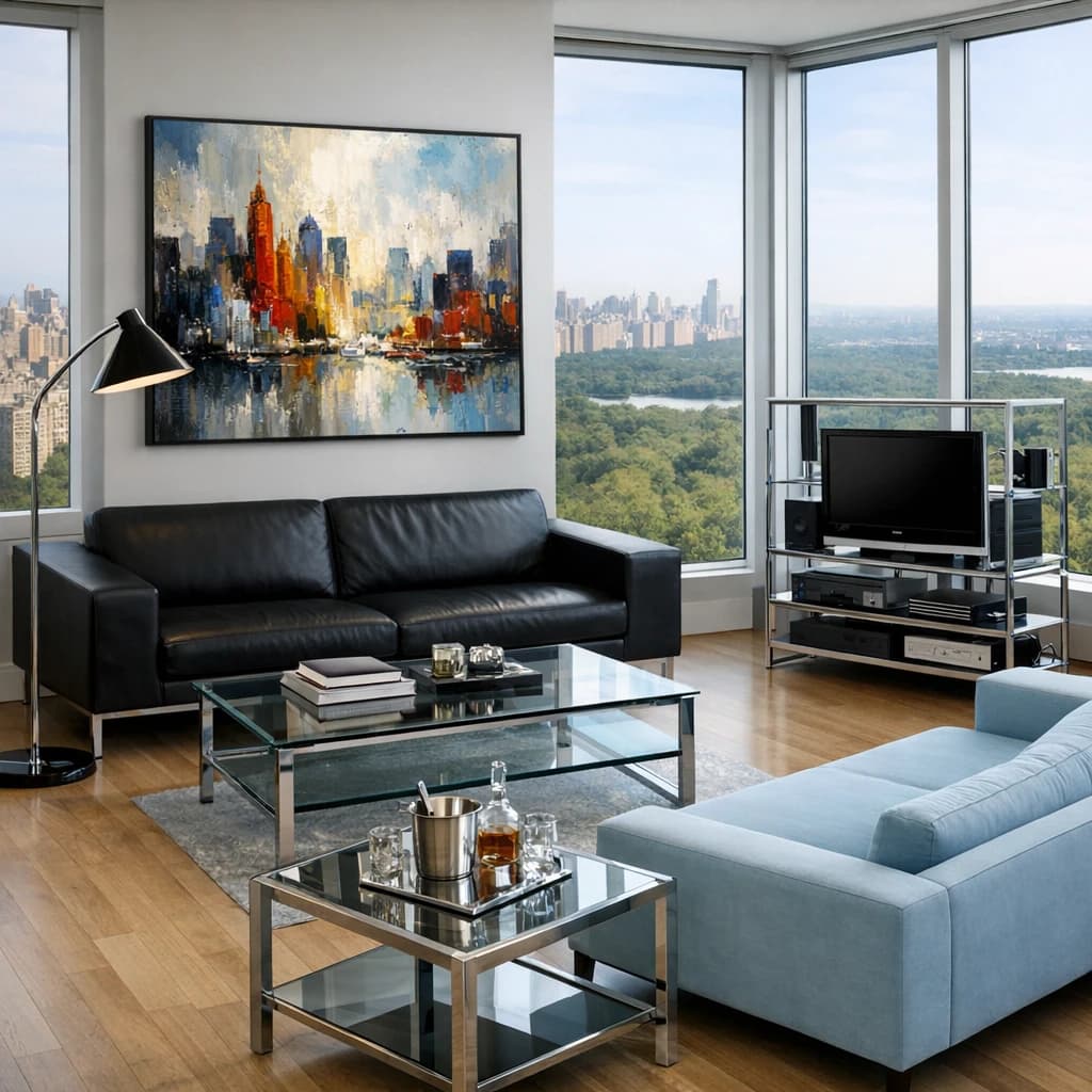 My apartment overlooks Central Park. It’s very luxurious, very expensive, and the furniture is minimal — a black leather couch, a glass coffee table with chrome legs, an Arne Jacobsen floor lamp. A big-screen television set rests on a steel shelving unit. A David Onica painting hangs above the couch. There’s a stainless steel and glass cocktail table. A powder-blue sofa. A thirty-inch digital TV.