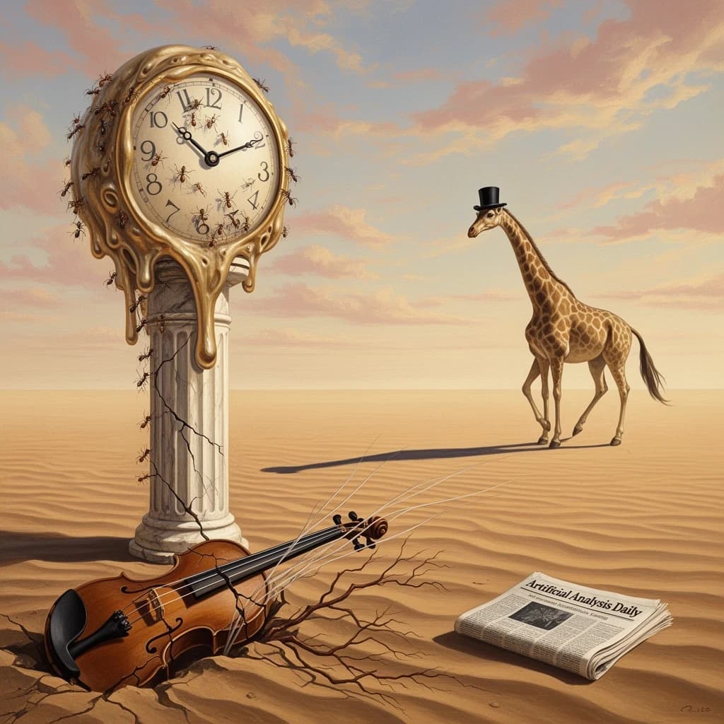 A vast desert plain stretches endlessly under a sky streaked with pale pink and ochre clouds. In the center stands a colossal clock, its face drooping and melting over the edge of a broken marble column. Ants swarm across its warped surface, glinting in the harsh sunlight. To the right, a horse with a giraffe like neck wearing a top hat strides toward the horizon, its shadow stretching miles across the sand. A cracked violin lies half-buried in the foreground, strings snapping outward like veins. Painted in the dreamlike surrealist style. A newspaper named the "Artificial Analysis Daily" lies on the Floor.