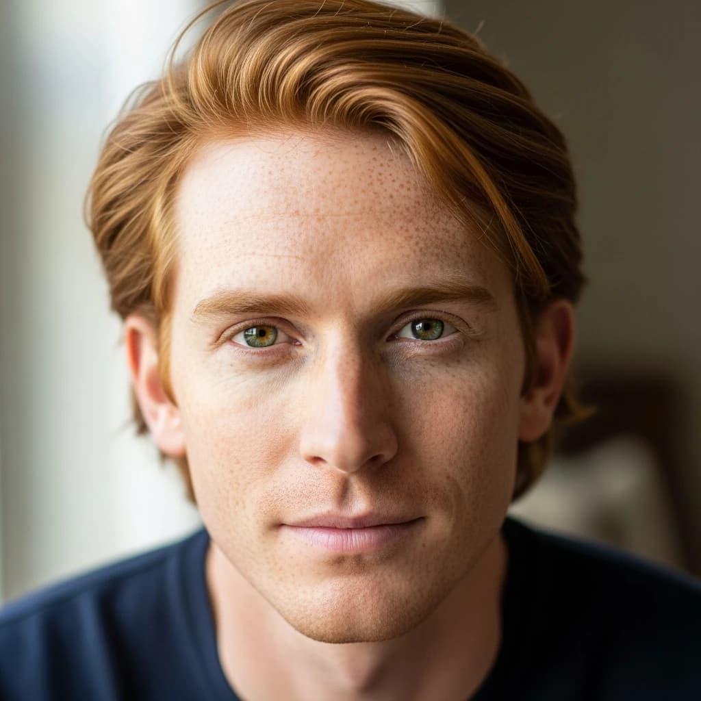 Shoot a natural light headshot of a red-haired man with freckles, green eyes.
