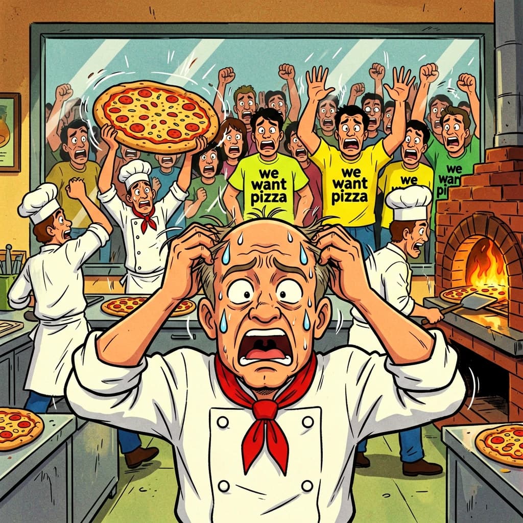 Pasquale is pulling his few remaining hairs out over a disaster at the pizzeria - the cooks are working as fast as they can but the crowds outside are swelling and they demand hot hot pizza! They are banging on the glass and some are wearing "we want pizza" shirts. 1980s western TV animation style.