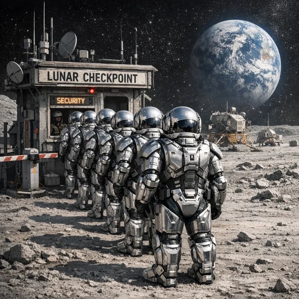 Silver exosuits queue at a dusty lunar checkpoint.