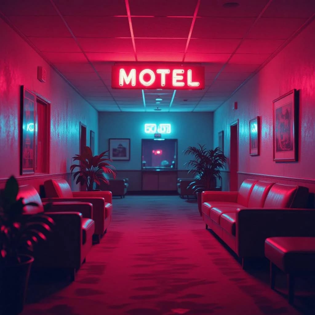 Show a faded 70s motel lobby with humming neon, sticky carpet, film grain.