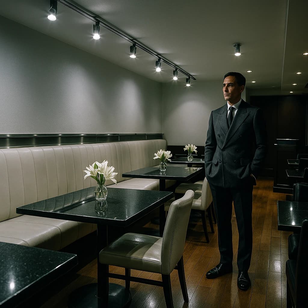 The place is almost empty. The banquettes are covered in white leather, the tables black granite, and the entire room is bathed in halogen track lighting that seems too bright. The maître d’ wears a double-breasted wool crepe jacket. There are lilies on every table.