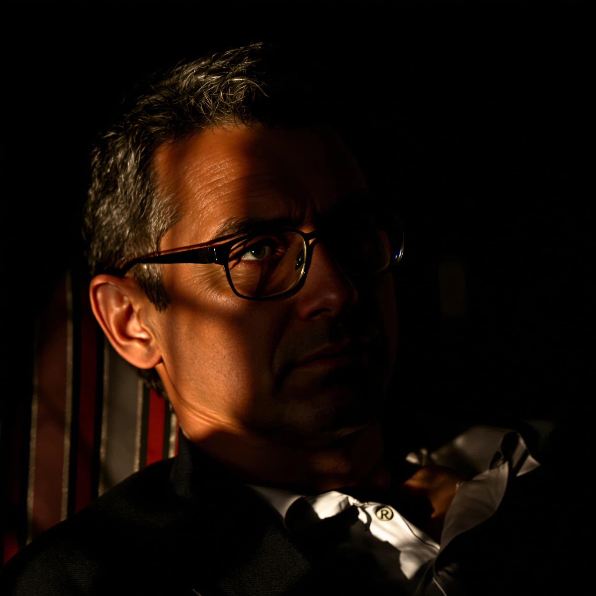 A sharply lit portrait of a middle-aged man wearing thin-rimmed glasses and a dark jacket over a white collared shirt. He gazes intently to the side, his face half illuminated by warm light while the background recedes into deep shadow. The expression is thoughtful, almost wary, as if caught mid-conversation. Behind him, a striped cushion in muted reds and blacks adds subtle texture, contrasting with the crisp highlights on his forehead and glasses. The overall mood is contemplative and cinematic, balancing warmth with tension.