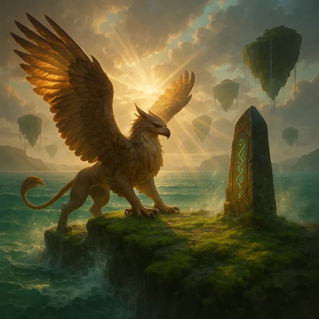 At dawn, a winged griffin lands on a mossy cliff above a jade sea beside a runed obelisk; floating isles drift under golden sunbeams, with a bit of sea spray and glowing runes.