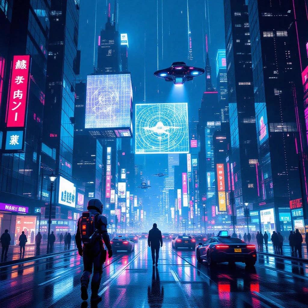 Rain-soaked neon megacity at night, flying taxis weave between glass towers, giant holograms flicker; a lone courier in a matte exosuit, somewhat cinematic wide angle.