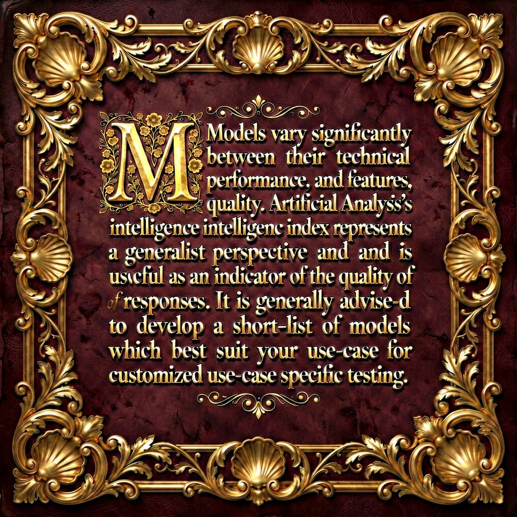 On a flat layout, write in an ornate baroque style "Models vary significantly between their technical performance, features and their quality. Artificial Analysis's intelligence index represents a generalist perspective and is useful as an indicator of the quality of responses. It is generally advisable to develop a short-list of models which best suit your use-case for customized use-case specific testing. "