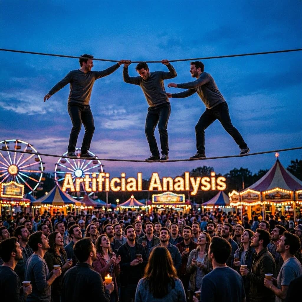 At dusk, high above a carnival crowd, three tightrope walkers balance on a single rope with no aids, one is off balance and grabbing at air. Below, the audience looks upward with baited anticipation. Artificial Analysis is spelled out in the background in carnival lights