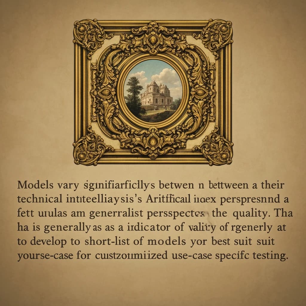 On a flat layout, write in an ornate baroque style "Models vary significantly between their technical performance, features and their quality. Artificial Analysis's intelligence index represents a generalist perspective and is useful as an indicator of the quality of responses. It is generally advisable to develop a short-list of models which best suit your use-case for customized use-case specific testing. "