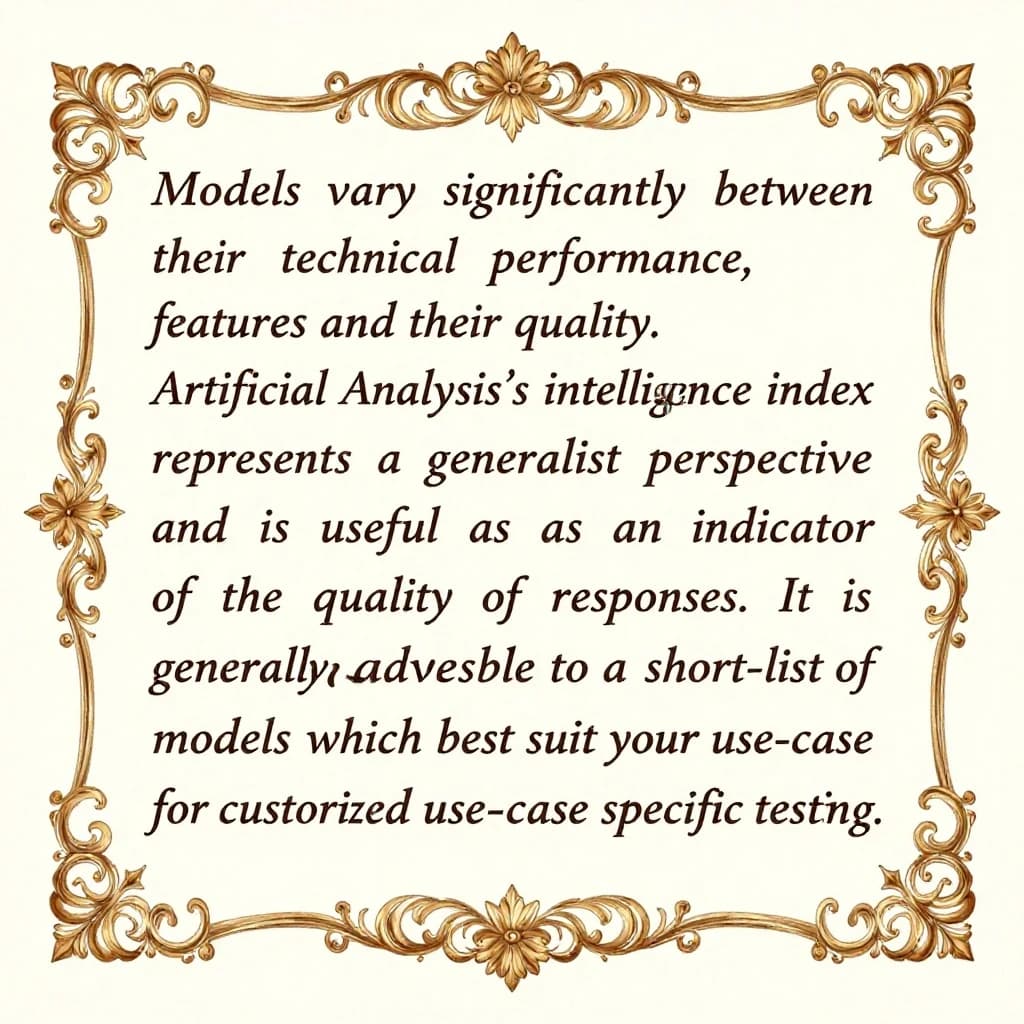 On a flat layout, write in an ornate baroque style "Models vary significantly between their technical performance, features and their quality. Artificial Analysis's intelligence index represents a generalist perspective and is useful as an indicator of the quality of responses. It is generally advisable to develop a short-list of models which best suit your use-case for customized use-case specific testing. "