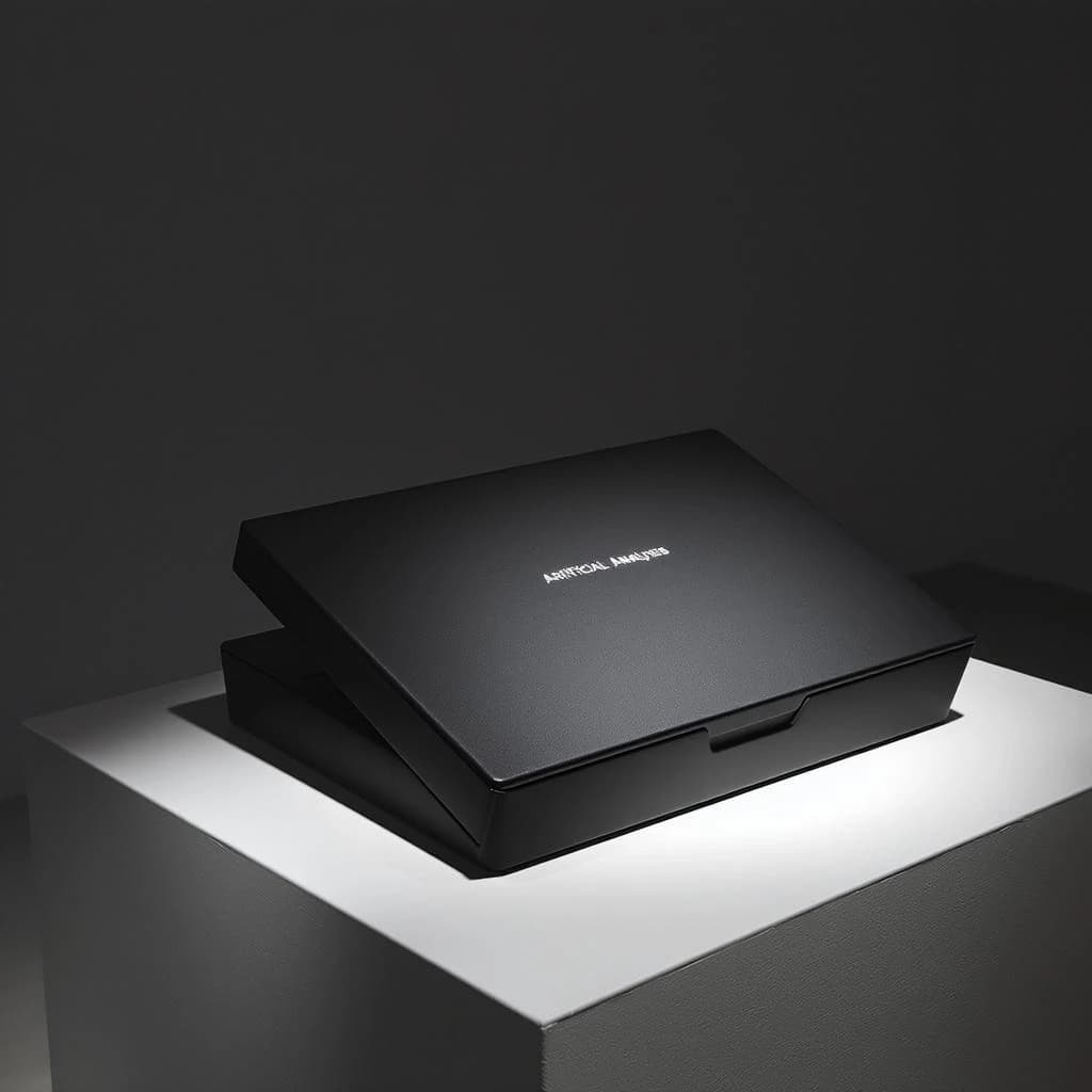 A premium matte black laptop-sized box rests on a pure white pedestal within a gallery space. Overhead, a single spotlight carves sharp contrast, leaving the edges in deep shadow. The brand name Artificial Analysis is embossed in silver foil, glinting faintly as though it were jewelry.