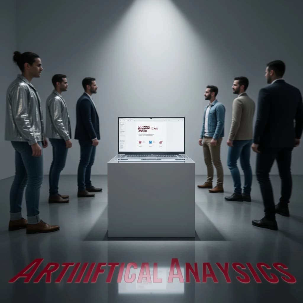 In a spotless gallery space, a pedestal supports a transparent laptop whose screen flickers between static and pristine brand imagery. Shoppers blur past in designer clothes that appear slightly outdated - bell bottoms, metallic jackets. The embossed logo “Artificial Analysis” glints silver, yet its reflection in the glass floor reads in crimson letters. A single spotlight shines, though shadows fall in two directions.