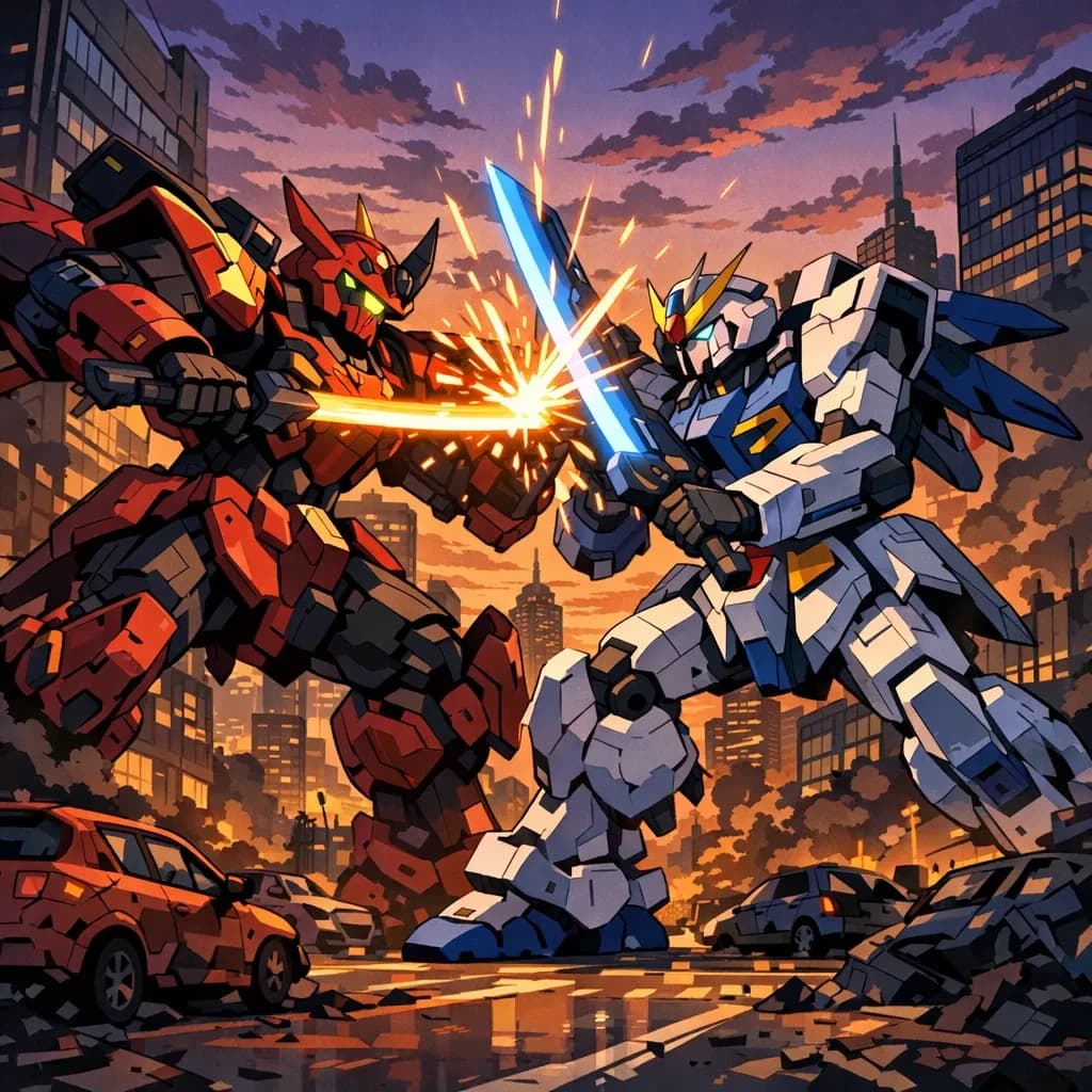 Make a cel-shaded mecha duel at dusk downtown.