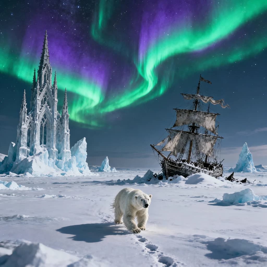 An endless tundra stretches outward, littered with jagged icebergs shaped like cathedral spires. A polar bear trudges across the foreground but leaves no tracks. Auroras ripple overhead. A half-buried shipwreck juts from the snow — sails billowing despite the still air.