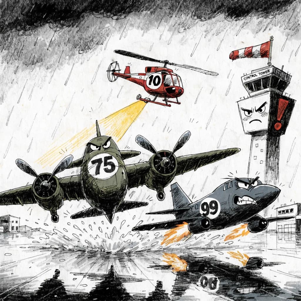 Almost at the runway, Fred the Fighter Jet is racing with Barry the Bomber to see who lands first. Fred has a mischievous trick up his sleeve but Hermione the Helicopter is going to stop him before he gets the chance. The control tower is very angry and has a big exclamation mark. Hand drawn cel look