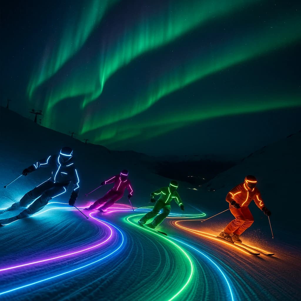 Coronet Peak Night Skiing: Skiers in colorful LED suits carve their way down the slopes of New Zealand's Coronet Peak under the Aurora Borealis, the skiers' light trails visible behind them