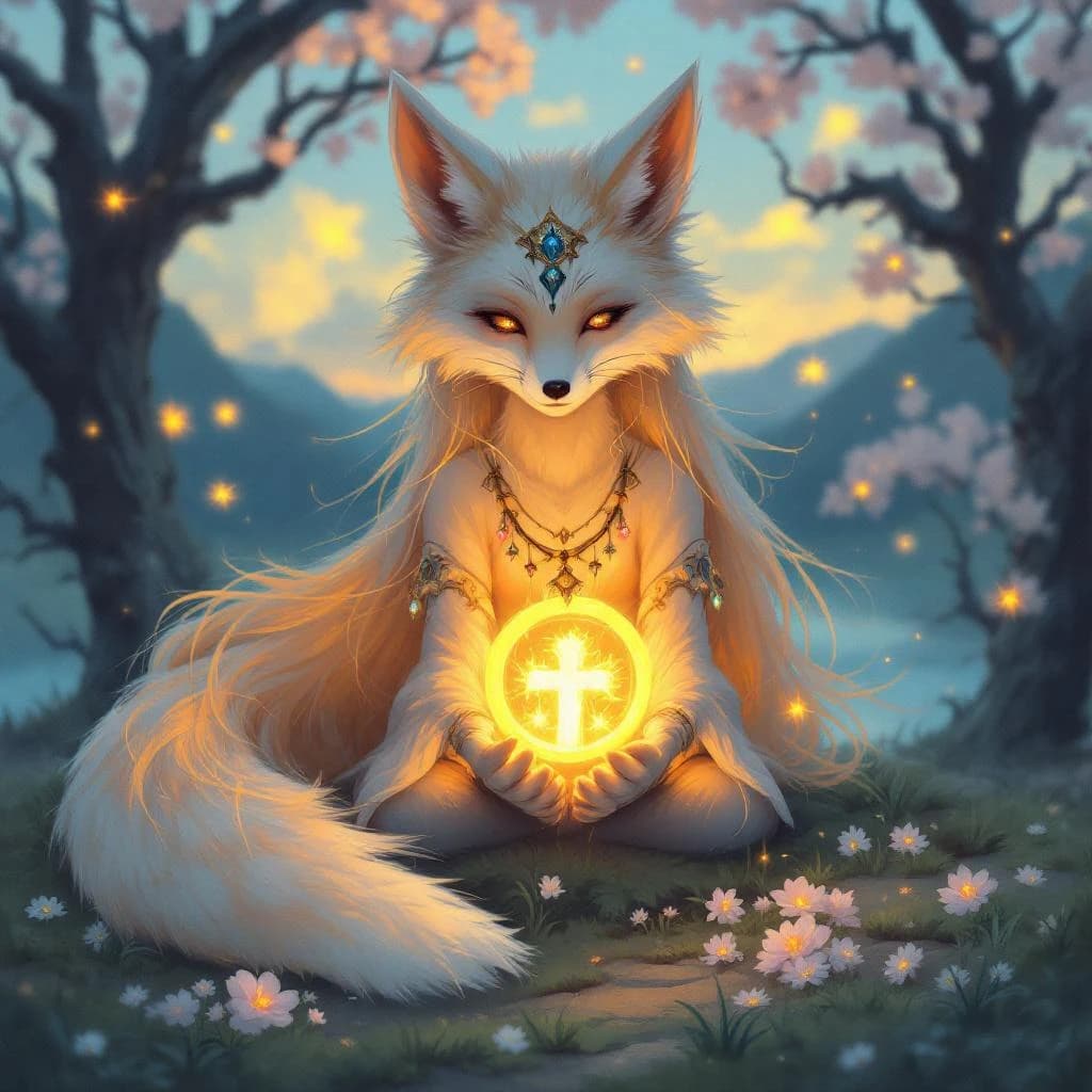 Cel-shaded fox spirit girl, glowing shrine at dusk, soft bloom, sparkly eyes.