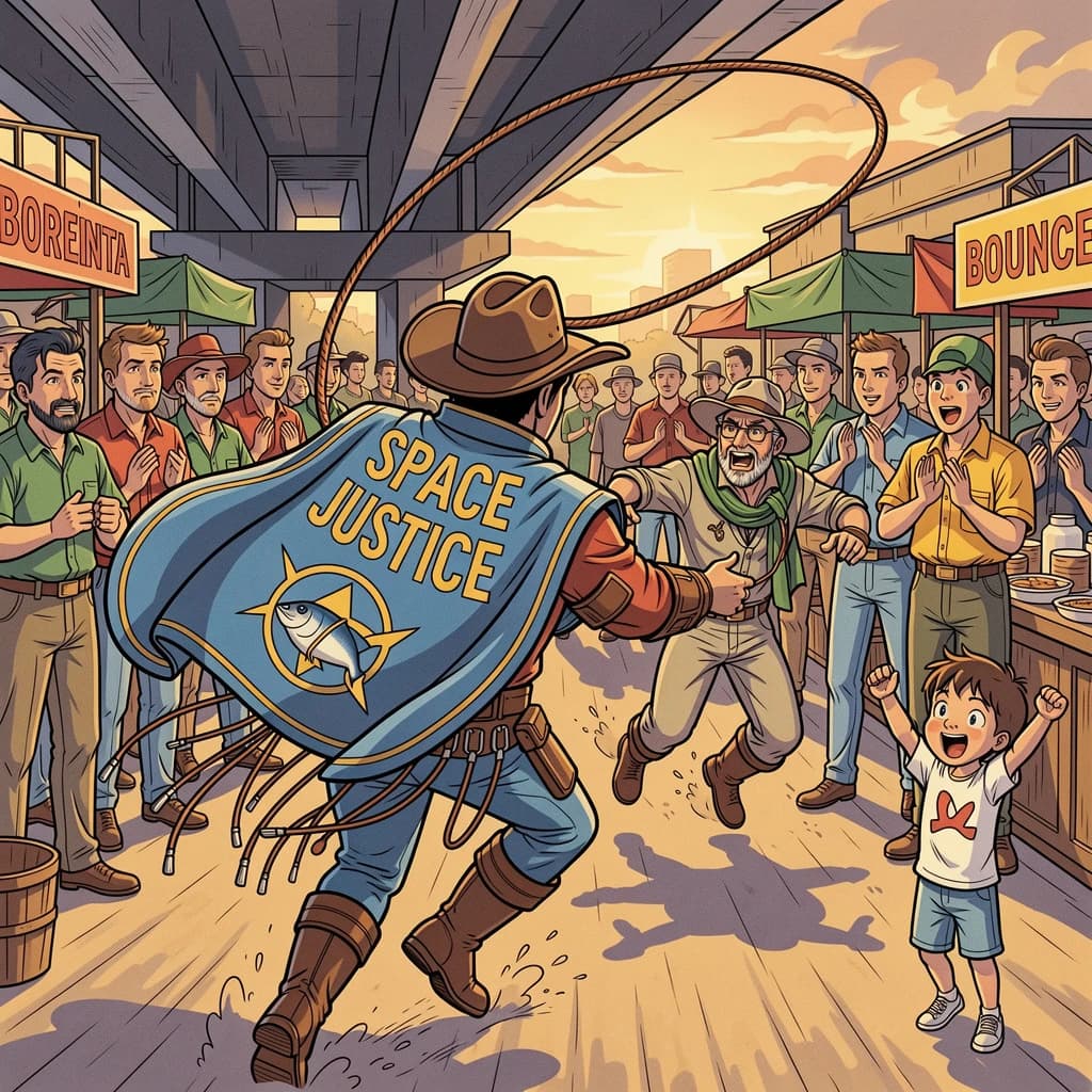 The space cowboy chases the deranged fisherman underneath the causeway, eager to collect on his bounty. Fishing rods and lines hang off the back off the fishermen as he darts between the bustling market crowd. We see the back of the space cowboy in his space poncho emblazoned with the words SPACE JUSTICE, spinning his lasso over his head. A child on the sidelines excitedly cheers the cowboy. 1990s hand drawn anime style with strong fluidity