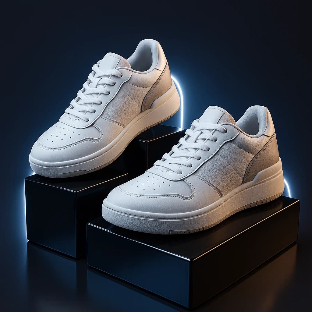 Make a polished 3D ad render: sneakers on glossy plinths, rim lighting.