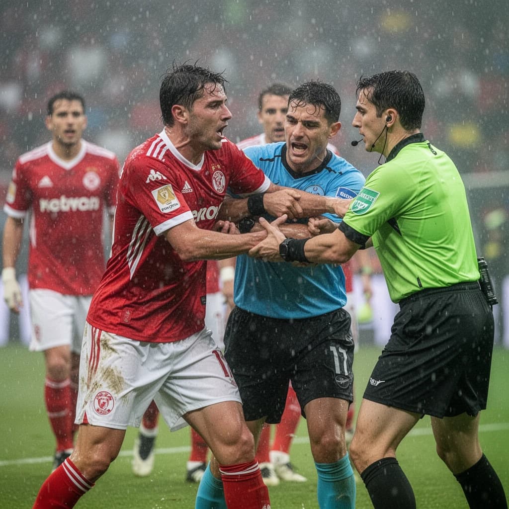 The soccer player clashes with the ref. It is thick and humid and the heat is getting to the players. His friend tries to pull him off before he causes any more trouble.