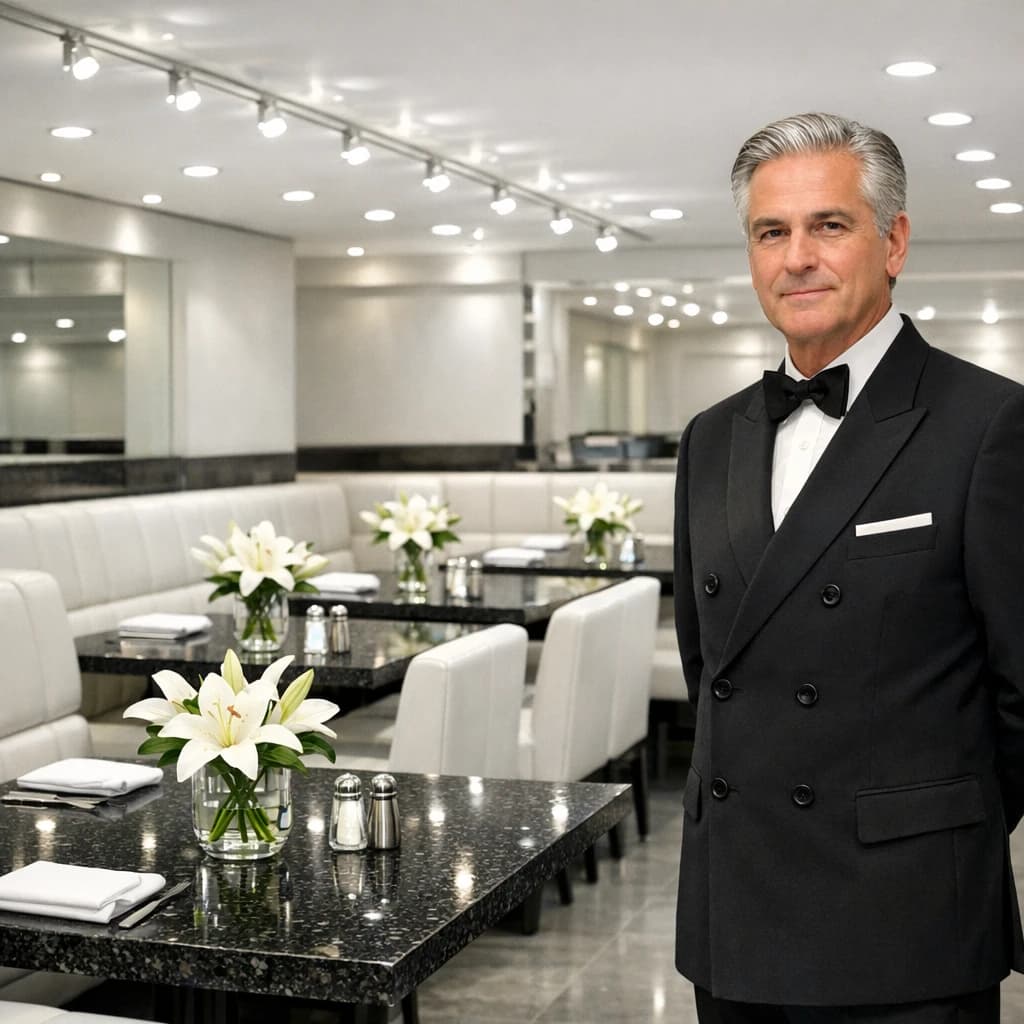 The place is almost empty. The banquettes are covered in white leather, the tables black granite, and the entire room is bathed in halogen track lighting that seems too bright. The maître d’ wears a double-breasted wool crepe jacket. There are lilies on every table.