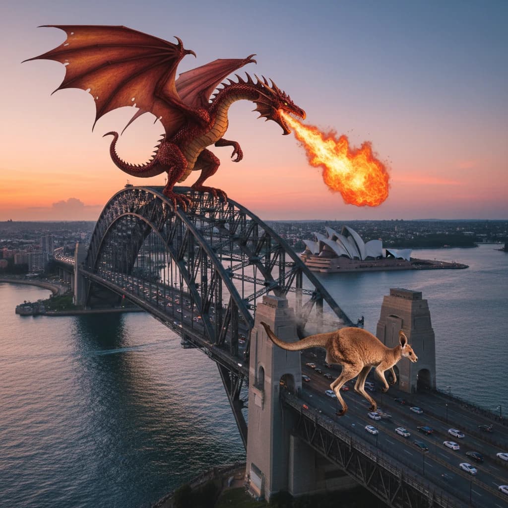 A dragon breathes fire at a kangaroo that is running away by climbing over the top of the Sydney Harbour Bridge. Opera House visible in the background.