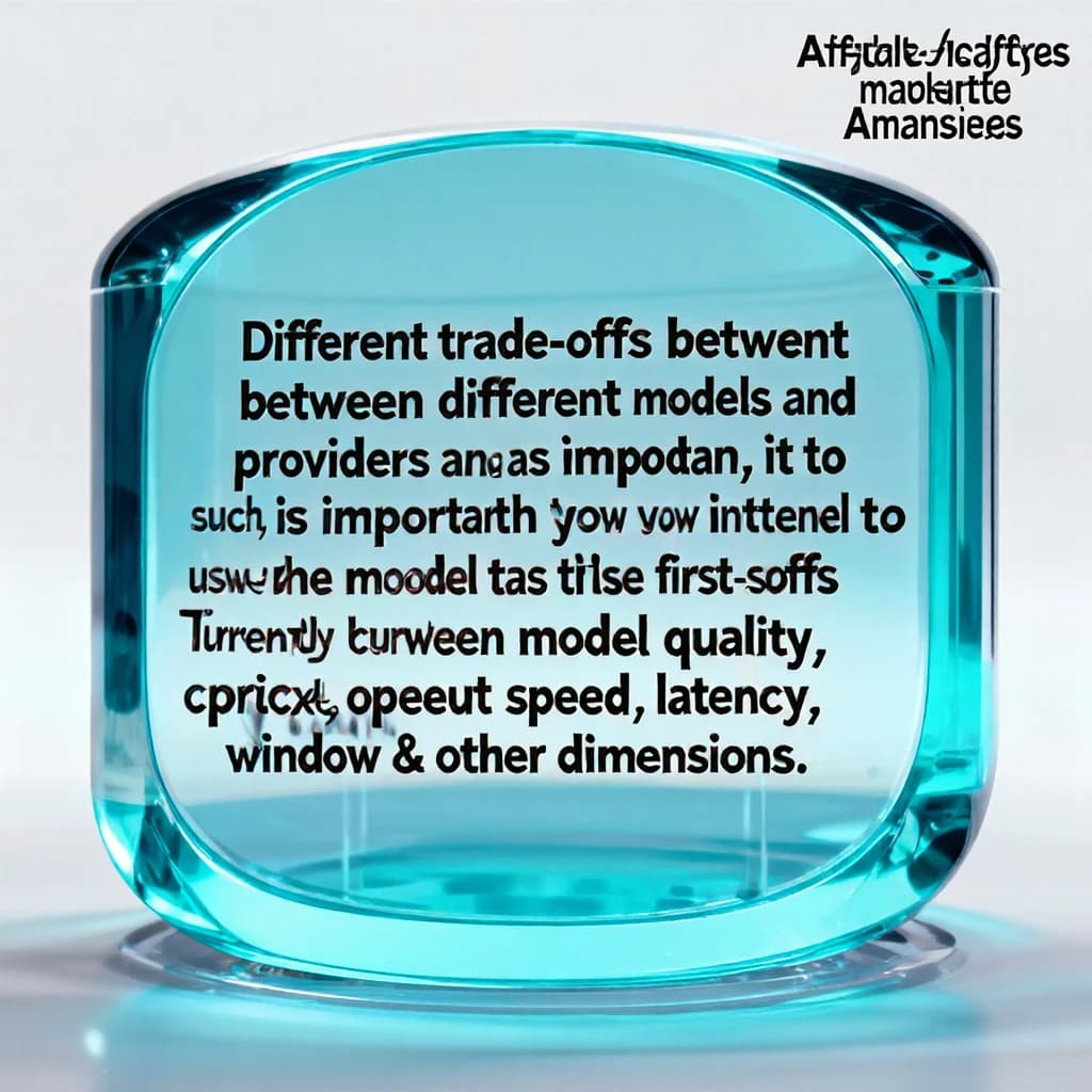 In a clear transparent blue glassy rounded box, etch "Different trade offs exist between different models and providers and as such, it is important to start with how you intend to use the model as the first step. Trade-offs exist currently between model quality, price, output speed, latency, context window & other dimensions. " in sans serif medium weight text. Artificial Analysis is watermarked over the top right 
