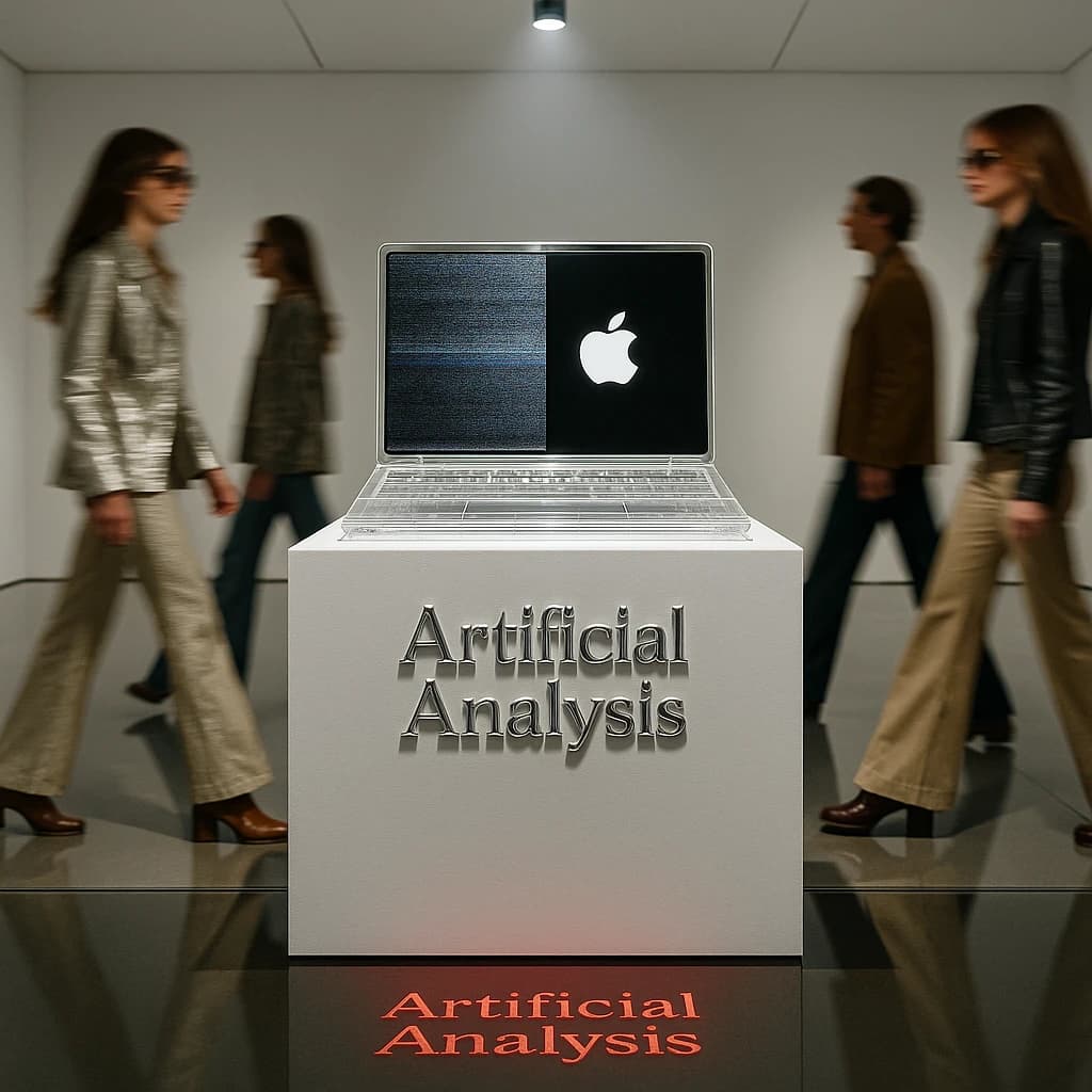 In a spotless gallery space, a pedestal supports a transparent laptop whose screen flickers between static and pristine brand imagery. Shoppers blur past in designer clothes that appear slightly outdated - bell bottoms, metallic jackets. The embossed logo “Artificial Analysis” glints silver, yet its reflection in the glass floor reads in crimson letters. A single spotlight shines, though shadows fall in two directions.