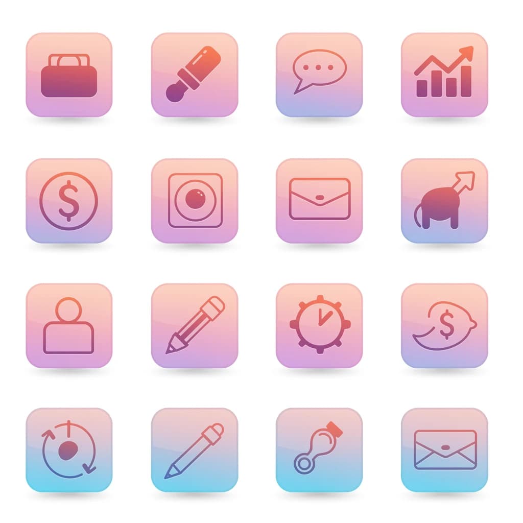 Design a glossy 3D icon set with smooth gradients.
