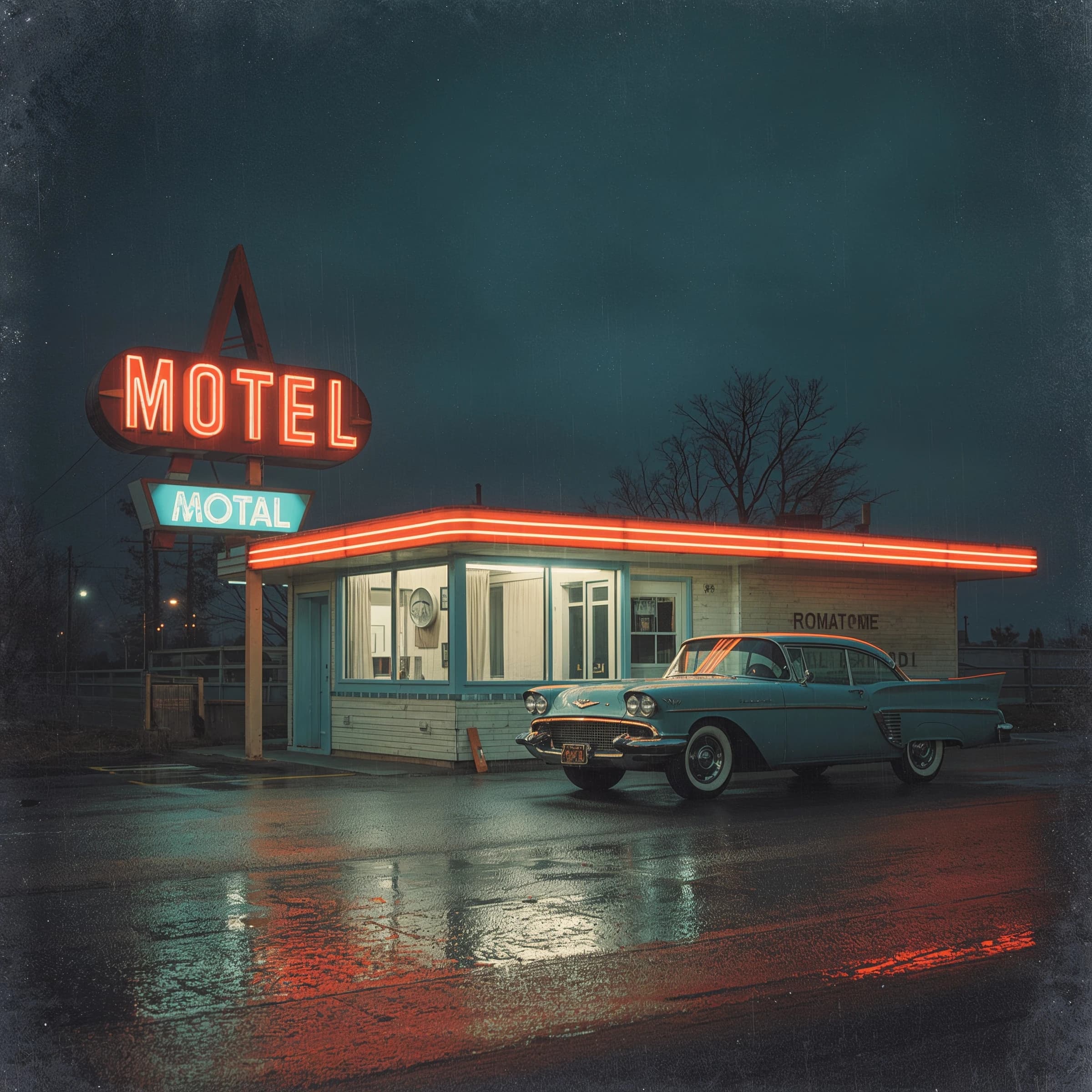 Show an old roadside motel under neon at midnight, rain on asphalt, a teal classic coupe parked; a bit of film grain, slightly faded pastels, halftone print, paper texture.