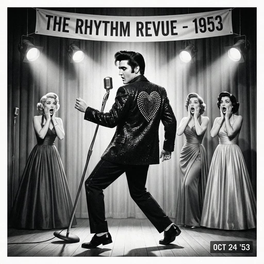 An archival image from 1953 of the rock singer swinging his hips on the stage while glamorous back up singers feign shock at his gyrations! He wears a diamond encrusted jacket with the stones arranged in the shape of a heart