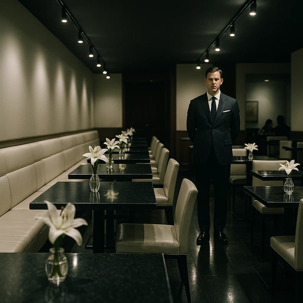 The place is almost empty. The banquettes are covered in white leather, the tables black granite, and the entire room is bathed in halogen track lighting that seems too bright. The maître d’ wears a double-breasted wool crepe jacket. There are lilies on every table.