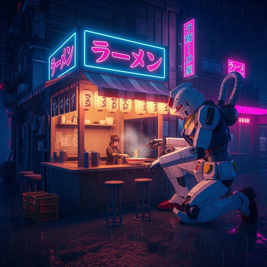 Neon rain falls as a cel-shaded mecha kneels by a ramen stall, midnight vibes.