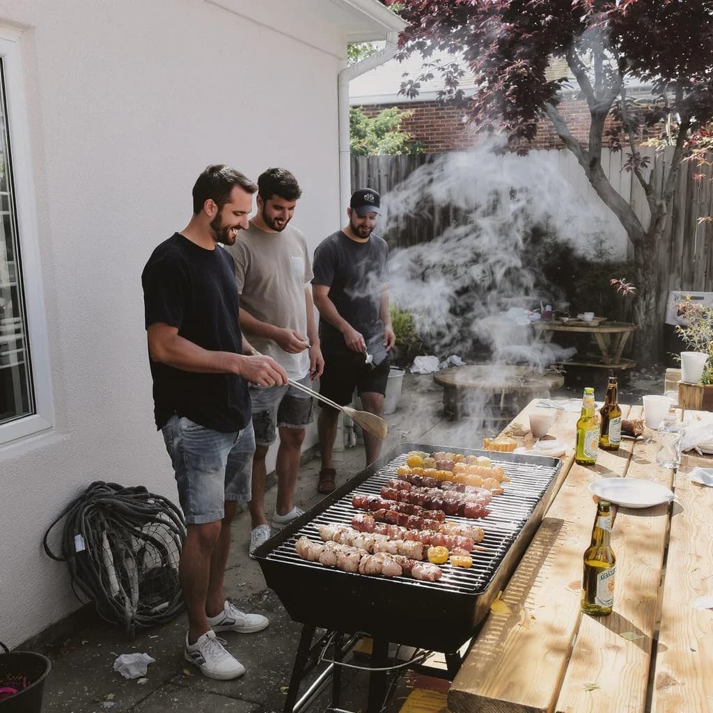 Friends grill skewers on a slightly messy patio.