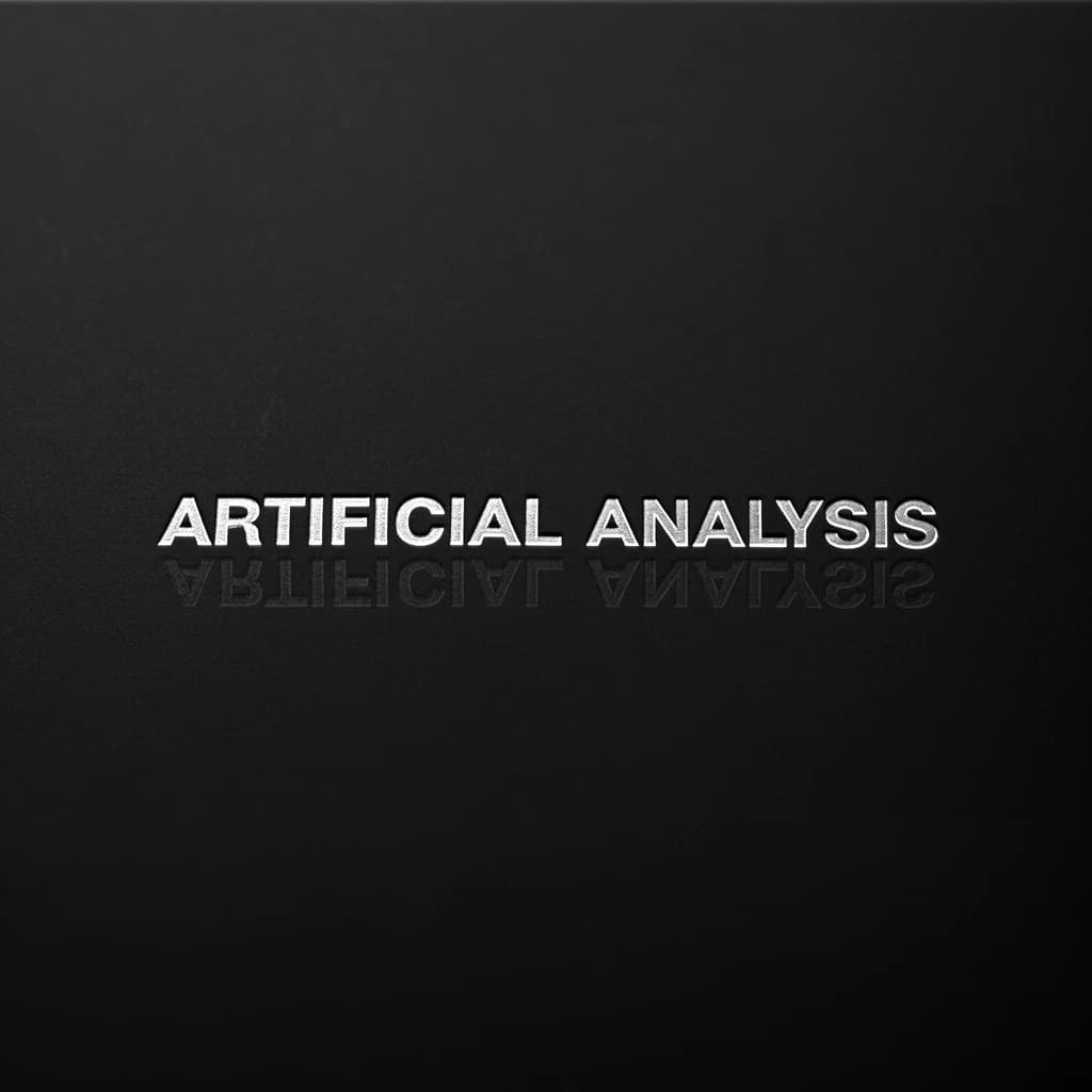 On the black box, silver foil embossing, centered: "Artificial Analysis" in Comic Sans Small Caps, perfectly justified. The letters are crisp, but the “Y” is duplicated faintly, ghosting right. On the box’s reflection, the word order is inverted: ARTIFICIAL ANALYSIS.