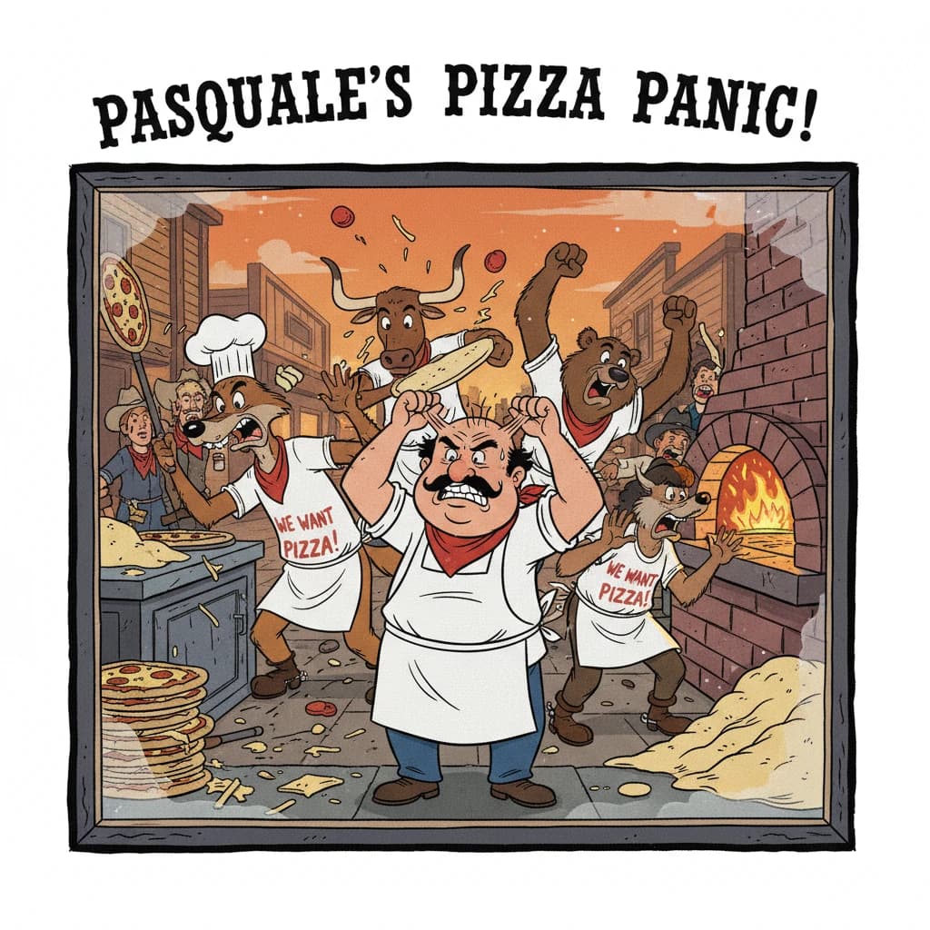 Pasquale is pulling his few remaining hairs out over a disaster at the pizzeria - the cooks are working as fast as they can but the crowds outside are swelling and they demand hot hot pizza! They are banging on the glass and some are wearing "we want pizza" shirts. 1980s western TV animation style.