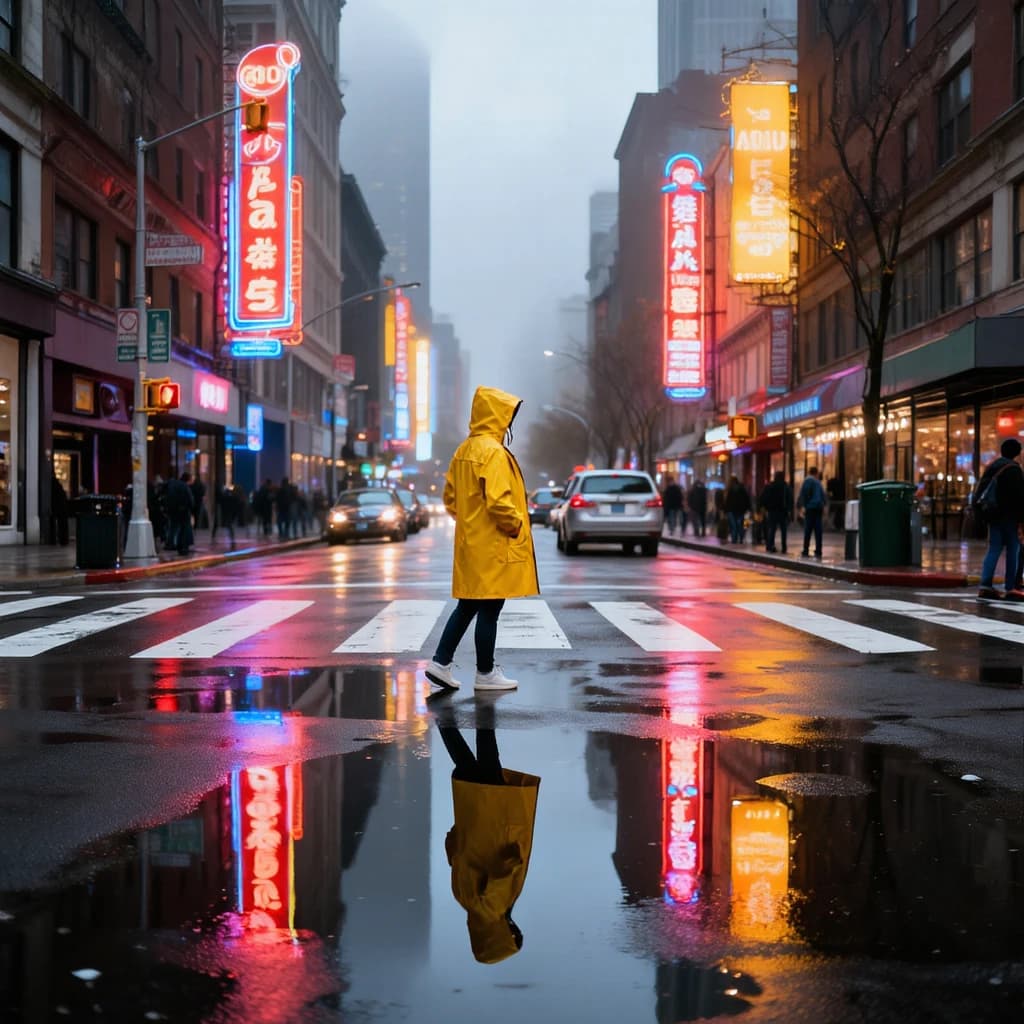 A sunlit city street after rain; puddles mirror neon signs as a woman in a yellow raincoat waits at a crosswalk, soft mist, 50mm look, natural tones, a bit of film grain.
