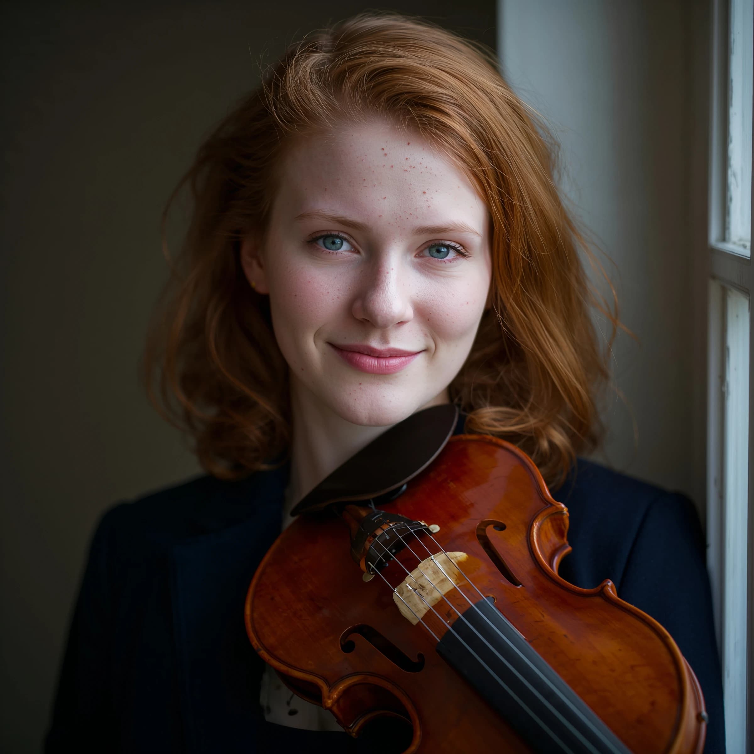 Capture a head-and-shoulders portrait of a freckled red-haired violinist in a navy blazer, soft window light, 85mm at f/1.8, gently smiling yet serious eyes, muted tones.