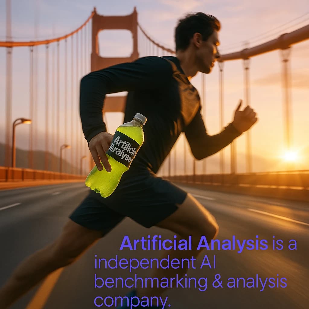 A runner dashes across the Golden Gate Bridge at dawn, sunlight streaming between cables. In their hand, they carry a neon-green sports drink with the brand name Artificial Analysis splashed boldly across the bottle. Motion blur emphasizes speed, while crisp purple sans serif typography overlays the bottom right of the scene with the tagline: Artificial Analysis is an independent AI benchmarking & analysis company