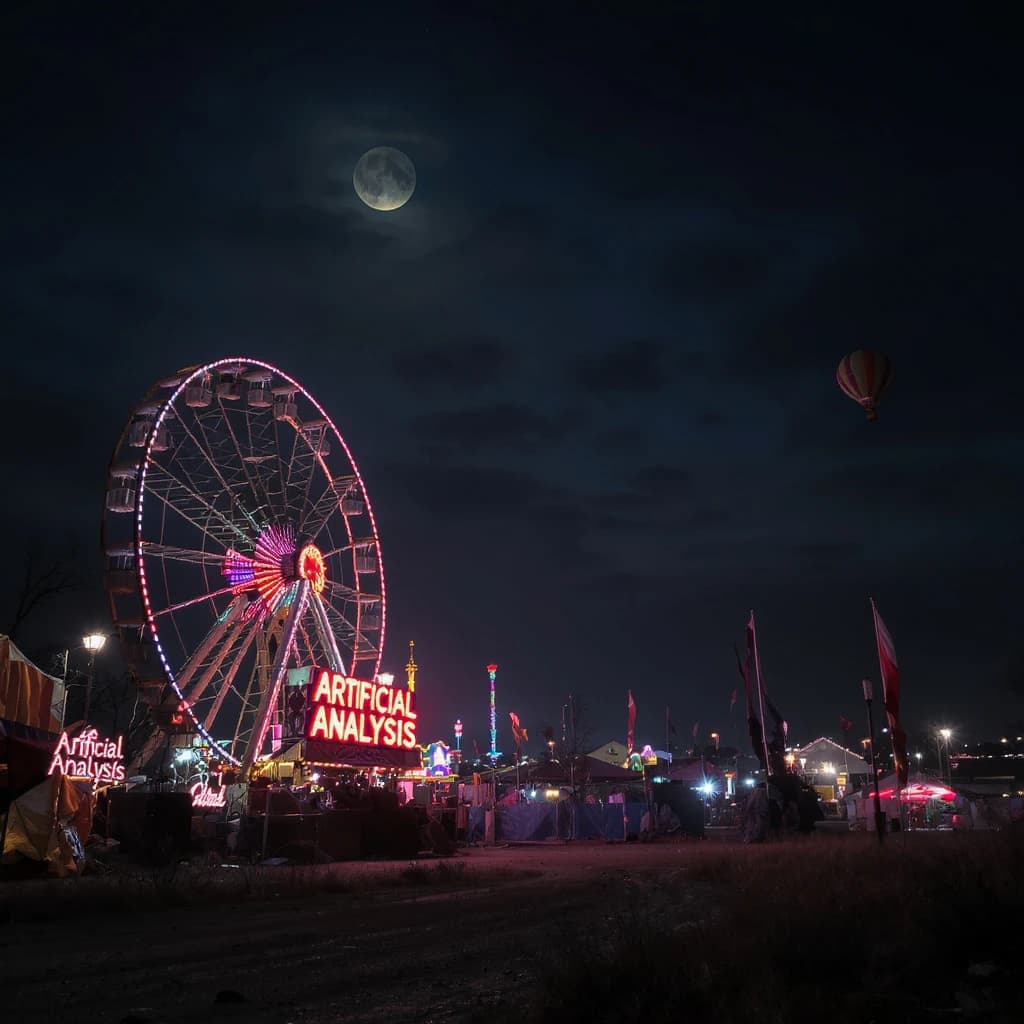 A deserted amusement park glows faintly under a half-moon. The ferris wheel is rusting yet strung with fresh, blinking LED lights. A torn clown banner flaps in a windless air. A lone balloon floats upward, tethered to nothing, while in the far distance city lights flicker on - some neon, some gas lamps as though from another century. 'Artificial Analysis' glows in neon