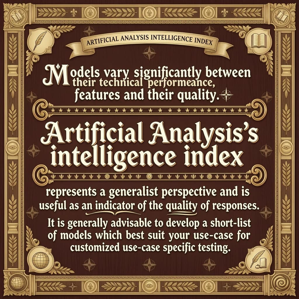 On a flat layout, write in an ornate baroque style "Models vary significantly between their technical performance, features and their quality. Artificial Analysis's intelligence index represents a generalist perspective and is useful as an indicator of the quality of responses. It is generally advisable to develop a short-list of models which best suit your use-case for customized use-case specific testing. "