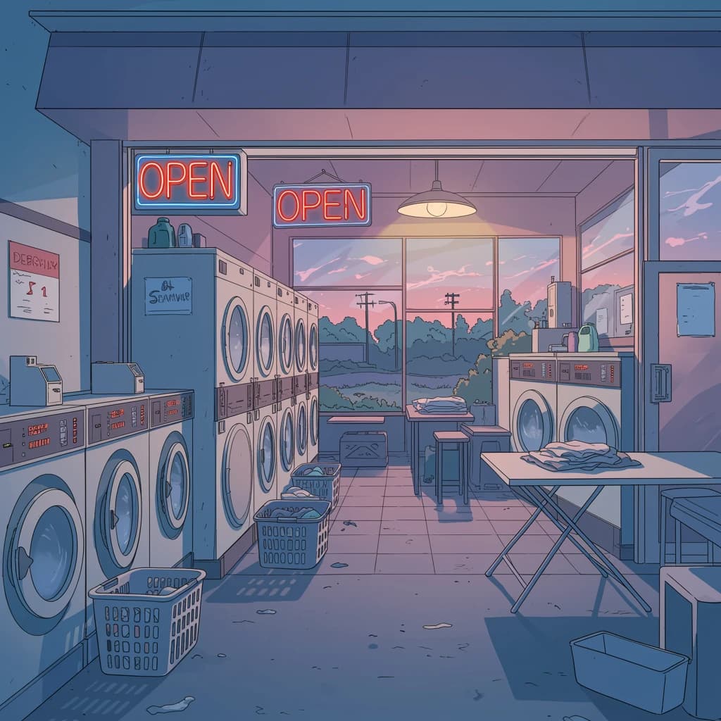 A cozy laundromat at dusk, neon humming, flat colors, bold inked lines.