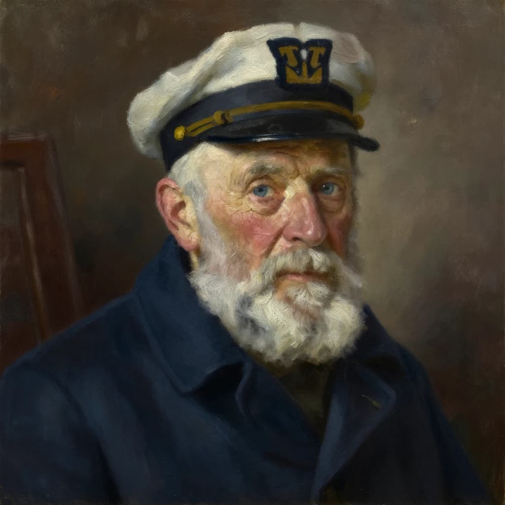 Oil on canvas portrait of an elderly sailor, weathered face, soft light.