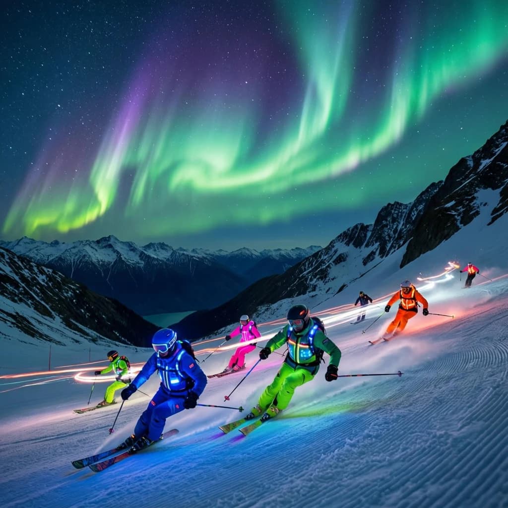 Coronet Peak Night Skiing: Skiers in colorful LED suits carve their way down the slopes of New Zealand's Coronet Peak under the Aurora Borealis, the skiers' light trails visible behind them