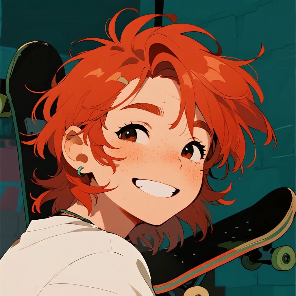 A cel-shaded portrait of a freckled skateboarder, messy red hair, bright grin.